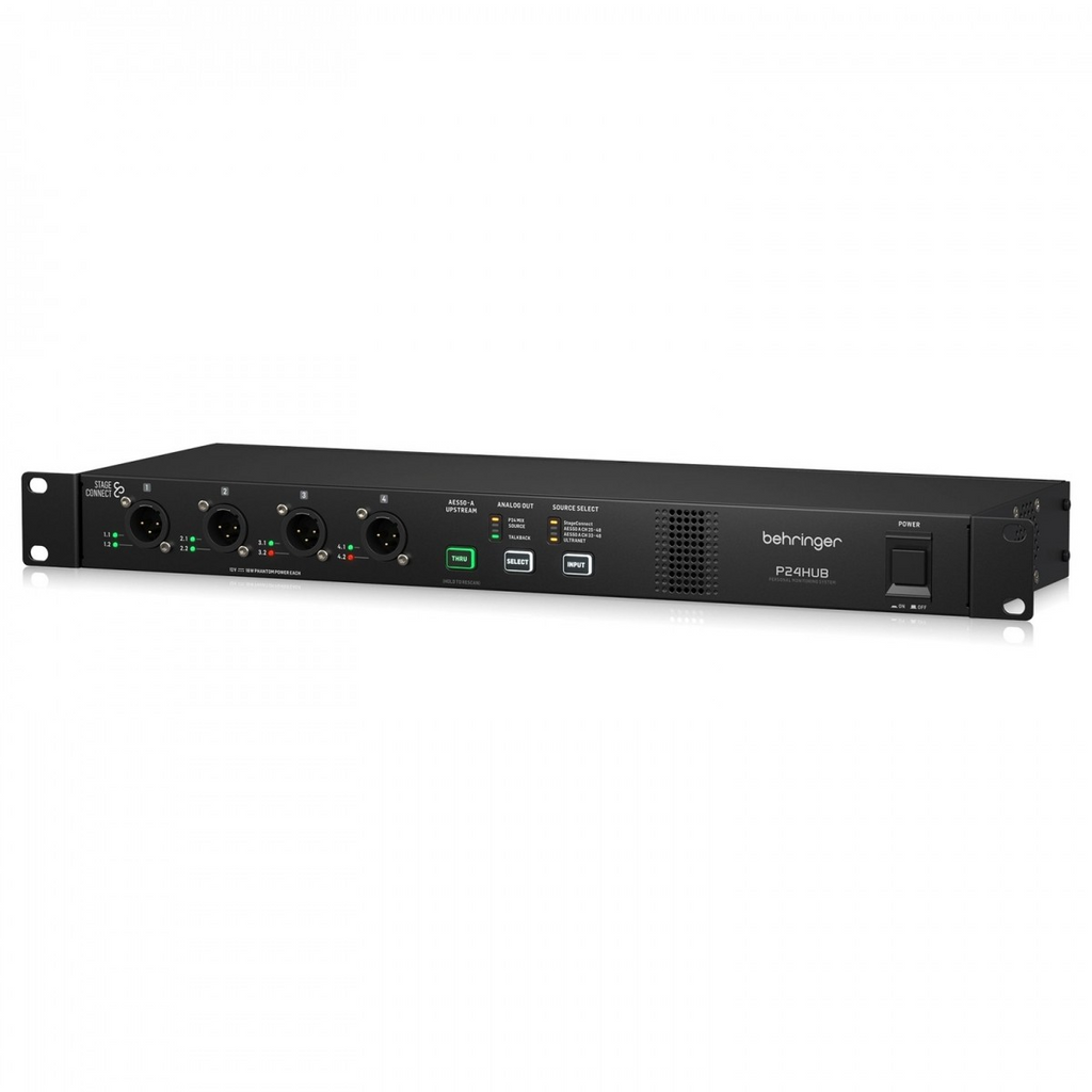 Behringer P24 Hub digital rack mixer with multiple input and output connections for audio management.