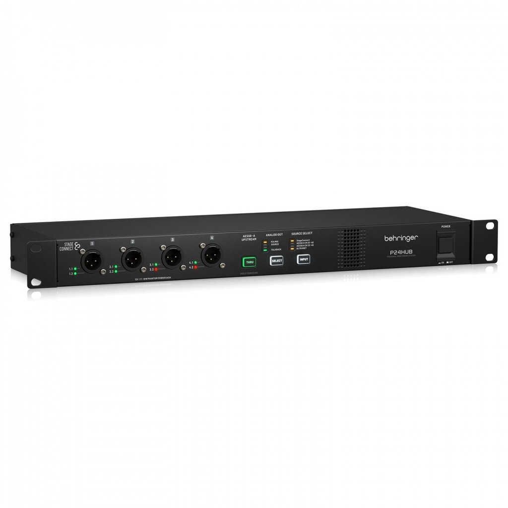Behringer P24 Hub digital rack mixer with multiple input/output ports displayed on a clean, professional setup.