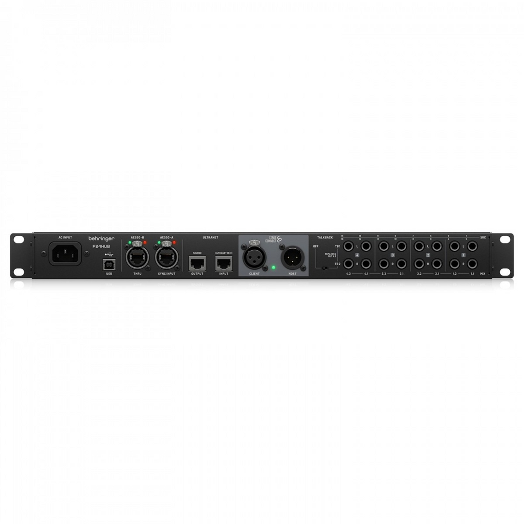 Behringer P24 Hub Stageconnect Hub, a digital rack mixer with multiple input/output connections and a sleek design.