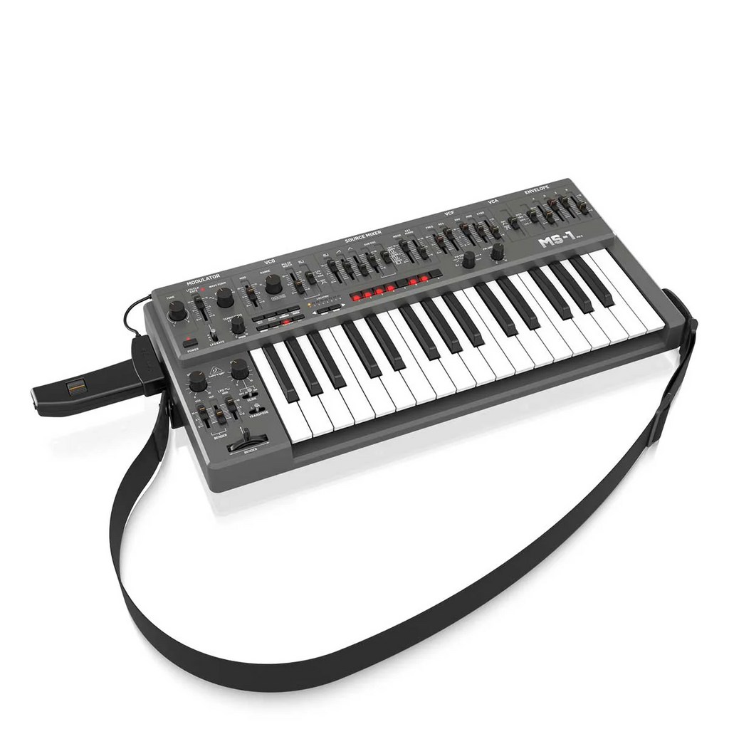 Behringer MS-1 MK II-GY analog synthesizer keyboard with controls and keys displayed on a neutral background.