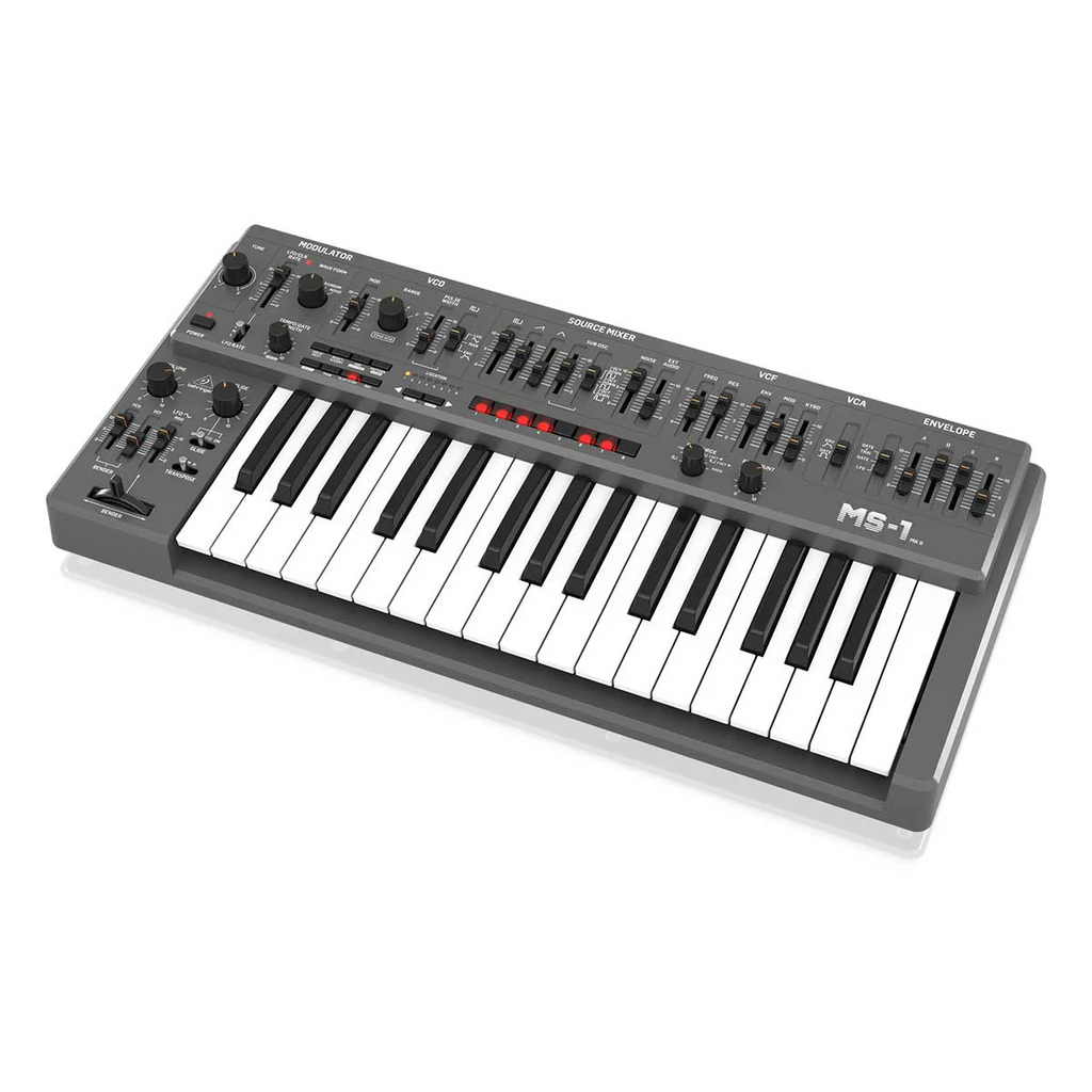 Behringer MS-1 MK II-GY analog synthesizer keyboard with sleek gray design and controls visible in the image.