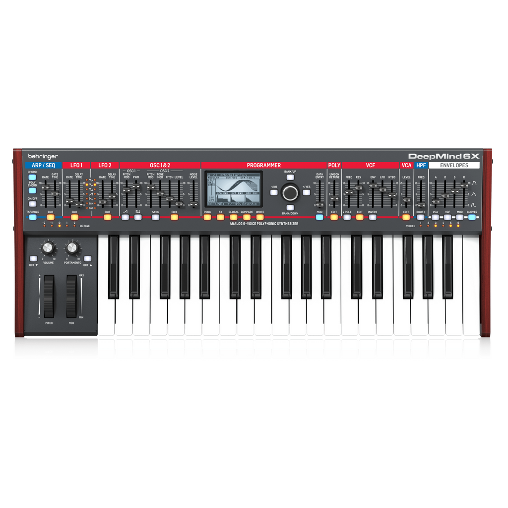 Behringer Deepmind 6X true analog 6-voice polyphonic synthesizer keyboard with knobs and keys, showing front panel and controls.