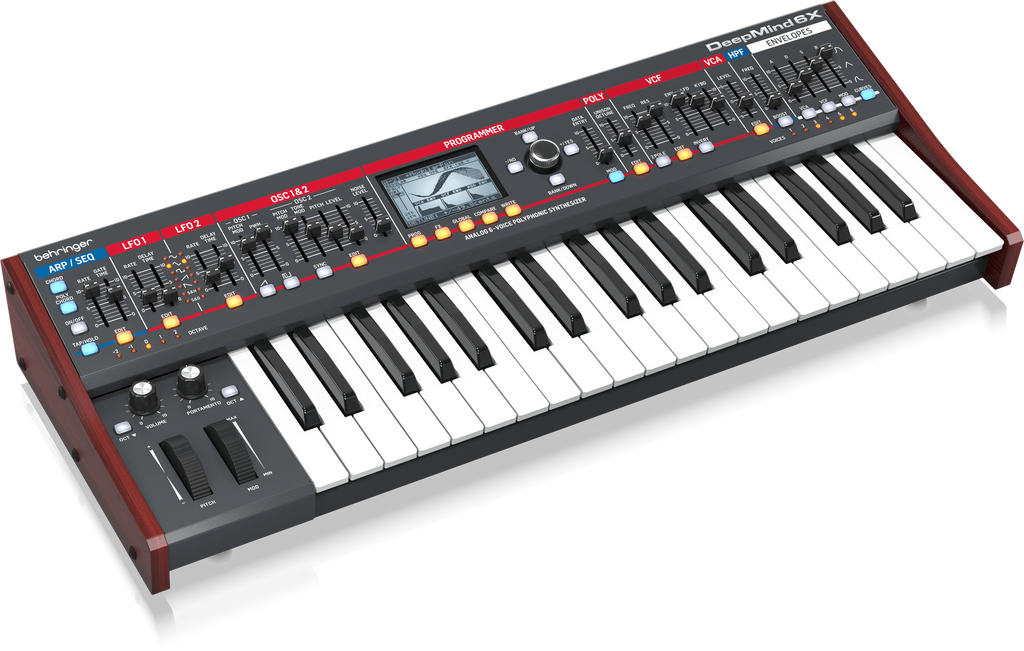 Behringer Deepmind 6X true analog 6-voice polyphonic synthesizer keyboard with control knobs and keys.