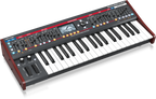 Behringer Deepmind 6X true analog 6-voice polyphonic synthesizer keyboard with control knobs and keys.