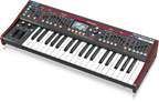 Behringer Deepmind 6X true analog 6-voice polyphonic synthesizer keyboard, showing knobs and controls on the front panel.