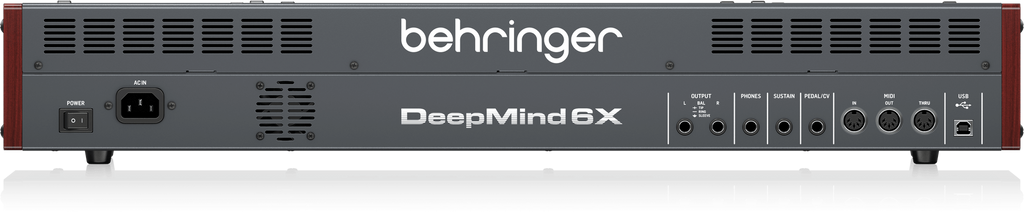 Behringer Deepmind 6X true analog 6-voice polyphonic synthesizer keyboard with control knobs and keyboard keys visible.