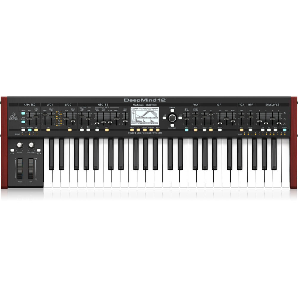Behringer Deepmind 12X true analog 12-voice polyphonic synthesizer keyboard with knobs and controls on a stand.