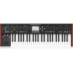 Behringer Deepmind 12X true analog 12-voice polyphonic synthesizer keyboard with knobs and controls on a stand.