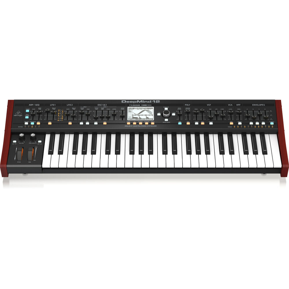 Behringer Deepmind 12X true analog 12-voice polyphonic synthesizer keyboard with control knobs and display screen.