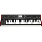 Behringer Deepmind 12X true analog 12-voice polyphonic synthesizer keyboard with control knobs and display screen.