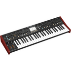 Behringer Deepmind 12X analog synthesizer keyboard with 12-voice polyphony, featuring knobs and controls on a sleek black panel.