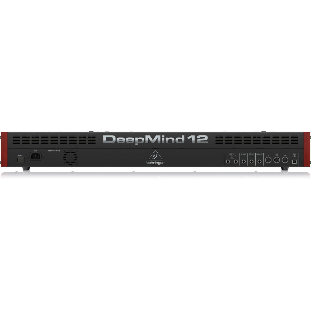 Behringer Deepmind 12X true analog 12-voice polyphonic synthesizer keyboard with control knobs and display interface.