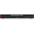 Behringer Deepmind 12X true analog 12-voice polyphonic synthesizer keyboard with control knobs and display interface.