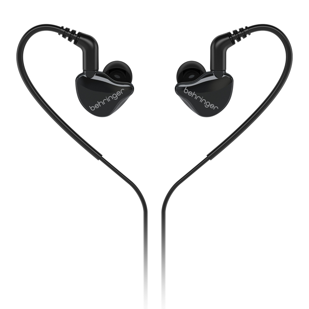 Behringer MO240-CK Pro in-ear studio earphones in black with ergonomic design and inline microphone for professional audio monitoring.