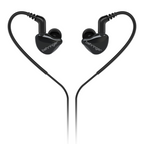 Behringer MO240-CK Pro in-ear studio earphones in black with ergonomic design and inline microphone for professional audio monitoring.