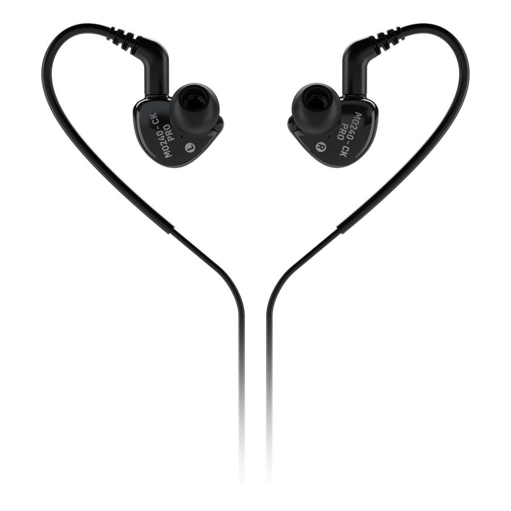 Behringer MO240-CK black in-ear studio headphones with ear tips, designed for professional audio monitoring and clear sound.
