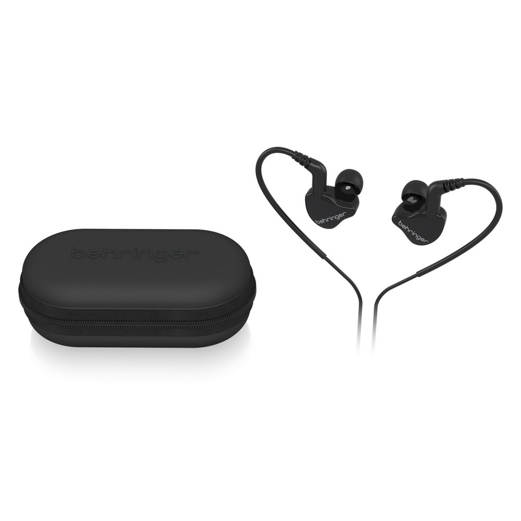 Behringer MO240-CK Pro in-ear studio headphones in black with dual drivers and ergonomic design for clear sound.