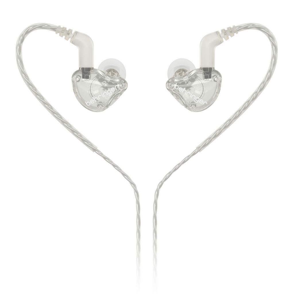 Behringer MO240-CL Pro In-Ear Studio Earphones in clear, showing the sleek earbud design and inline remote for professional audio monitoring.