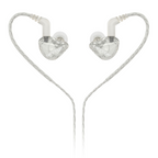 Behringer MO240-CL Pro In-Ear Studio Earphones in clear, showing the sleek earbud design and inline remote for professional audio monitoring.