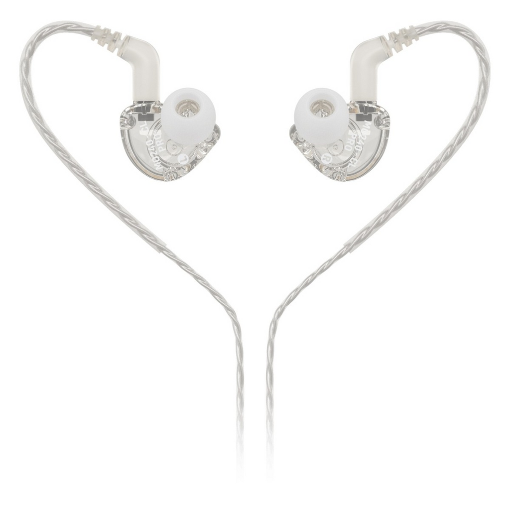 Behringer MO240-CL Pro in-ear studio earphones with clear silicone tips and compact design for professional audio monitoring.