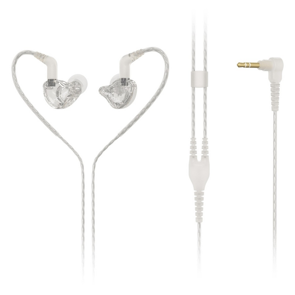 Behringer MO240-CL Pro in-ear studio earphones with clear earbuds and cable, designed for accurate sound monitoring.