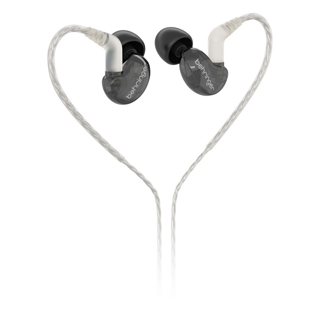 Behringer SD251-CK Pro in-ear studio headphones in black with adjustable ear tips and inline microphone for professional audio.