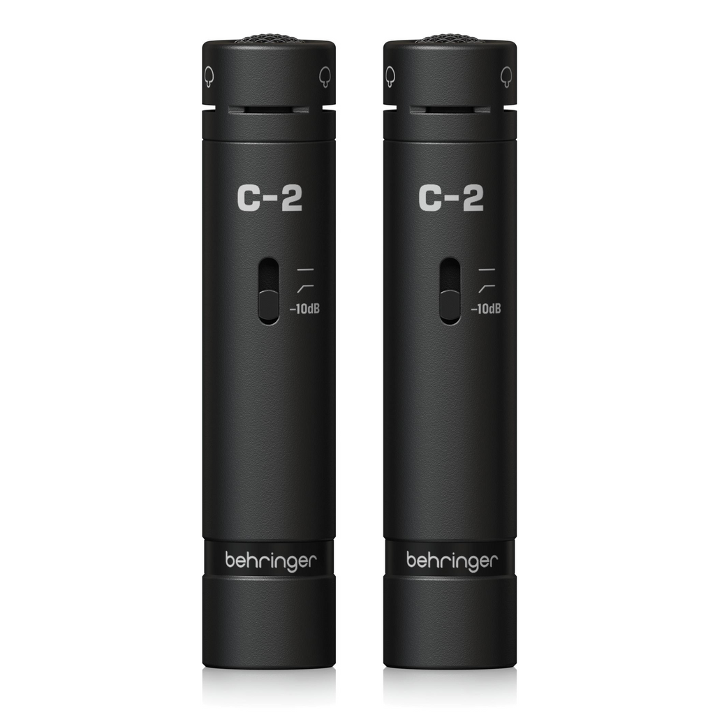 Behringer C2 Dark Edition condenser studio microphones in a matched pair with black finish and professional audio setup.