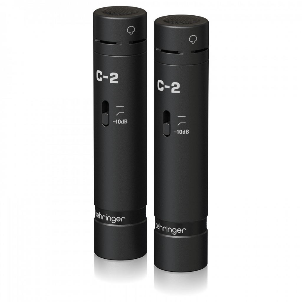 Behringer C2 Dark Edition condenser studio microphones in a matched pair, featuring professional-grade design and dual capsule technology.