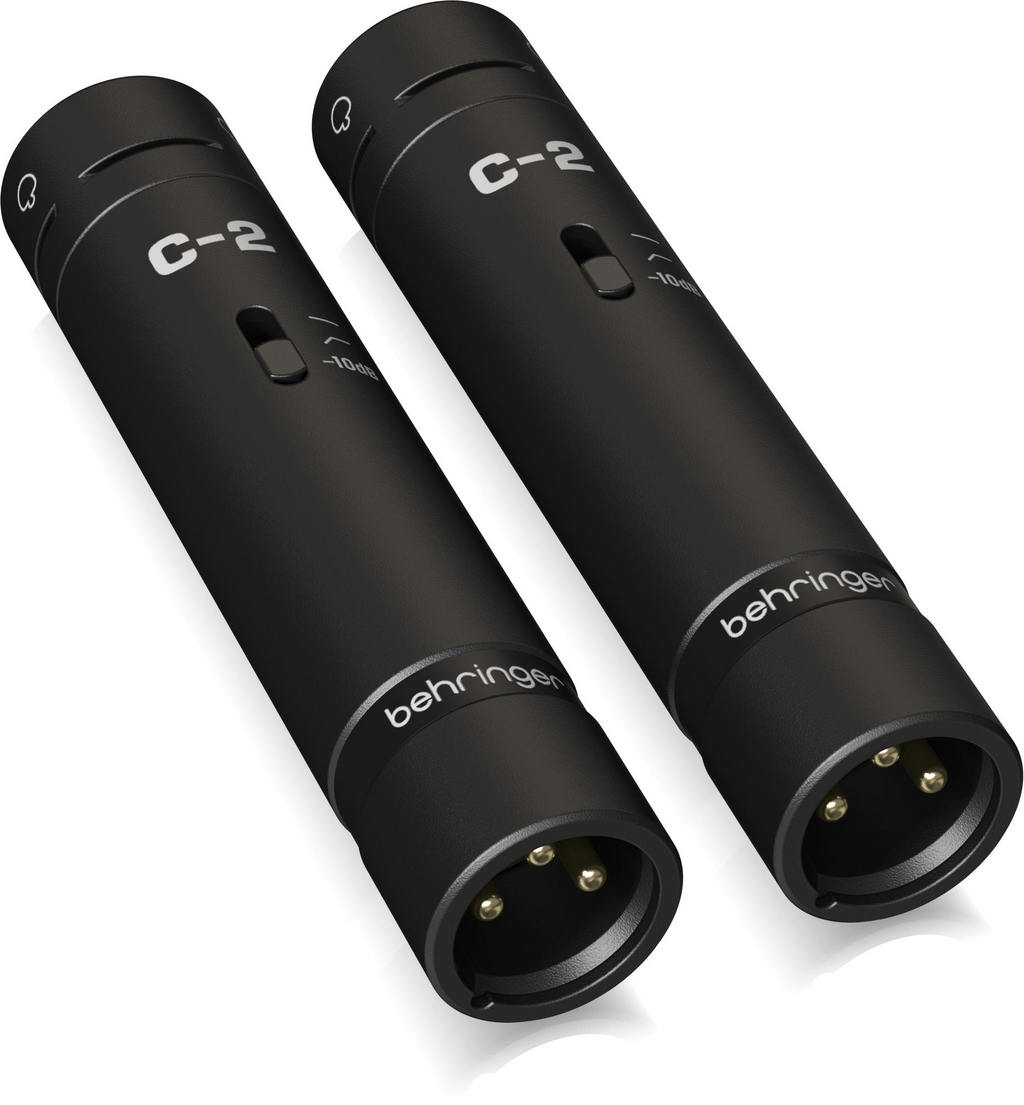 Behringer C2 Dark Edition condenser studio microphones in a matched pair, shown with their sleek black finish and professional design.