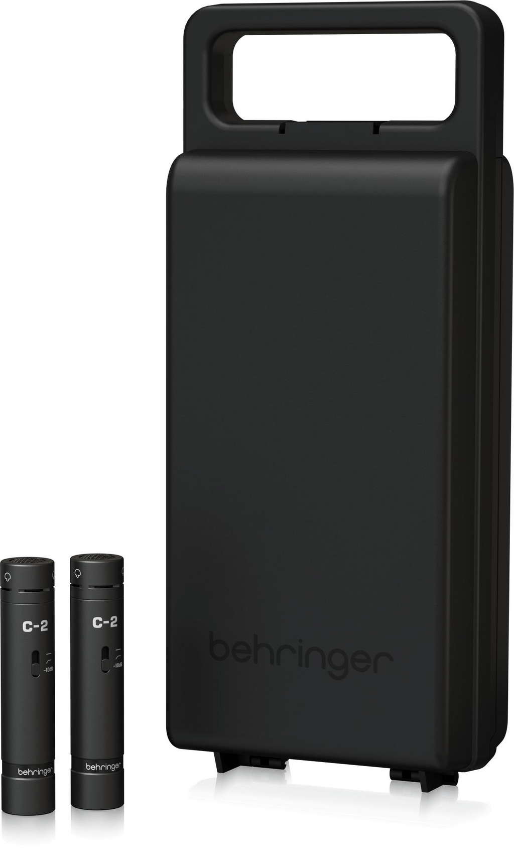 Behringer C2 Dark Edition condenser studio microphones in a matched pair, with sleek black design and professional audio quality.