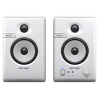 Pair of Behringer Truth 3.5 studio monitor speakers in white with Bluetooth connectivity, designed for accurate sound reproduction.