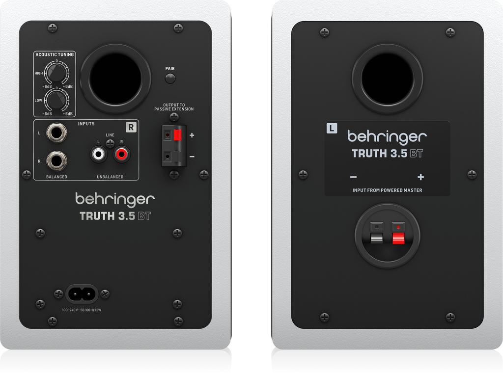 Pair of Behringer Truth 3.5 studio monitor speakers with Bluetooth in white, showing the sleek compact design.