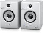 Pair of Behringer Truth 4.5 studio monitor speakers with Bluetooth in white, showing front view with speaker drivers and controls