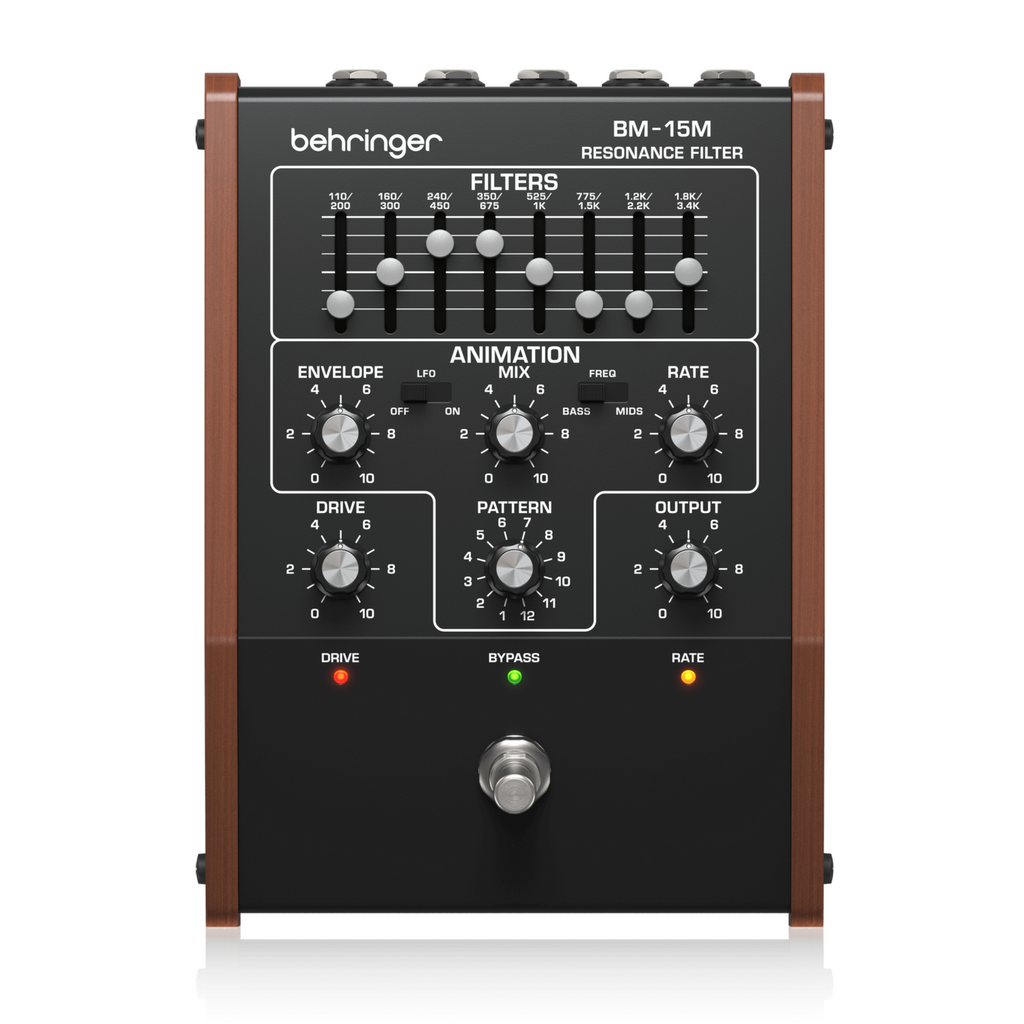 Behringer BM-15M Murf box filter effects pedal showing controls and input/output jacks on a white background.