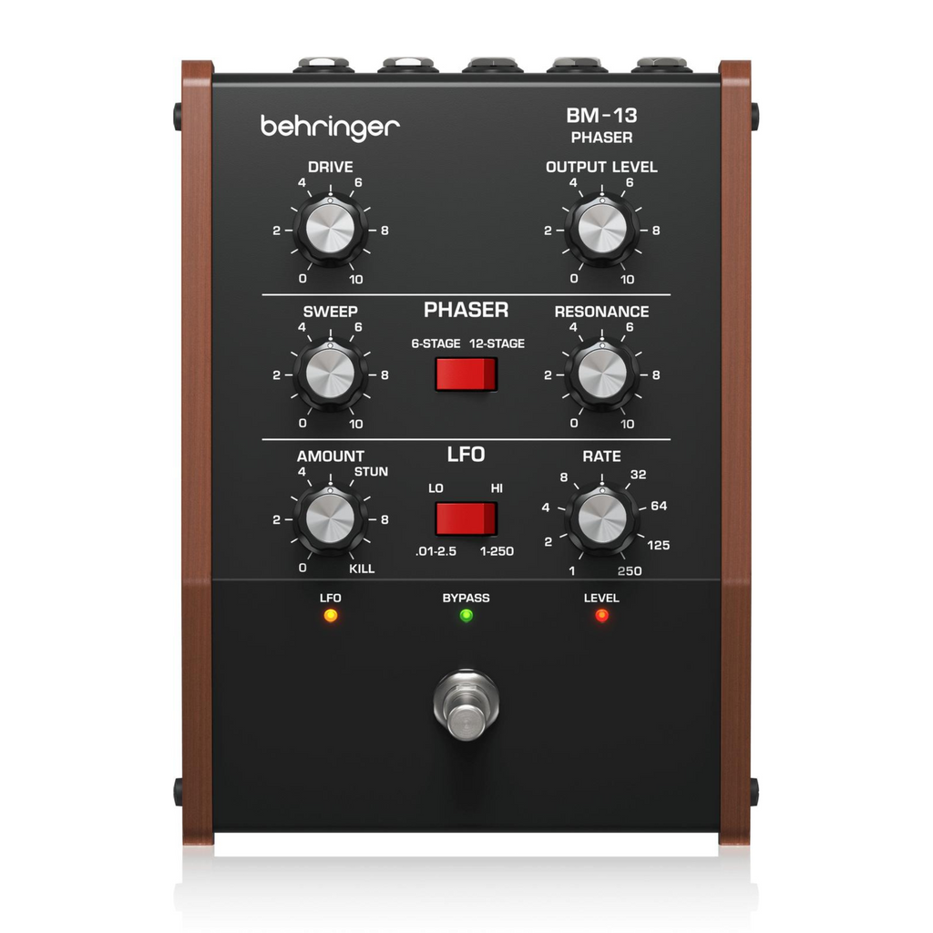 Behringer BM-13 Phaser Effects Pedal with control knobs and input/output jacks for guitar or keyboard effects.