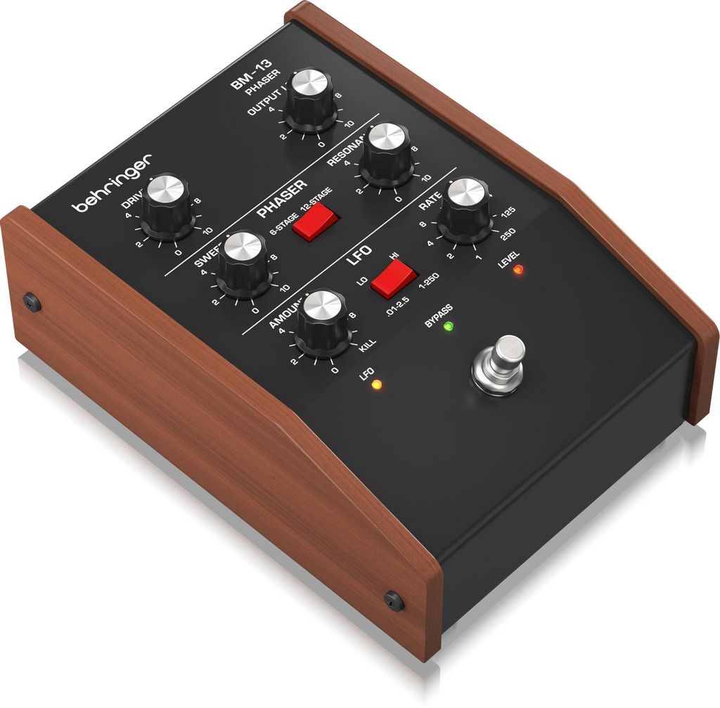 Behringer BM-13 Phaser Effects Pedal showing control knobs and input/output jacks on a compact effects pedal.