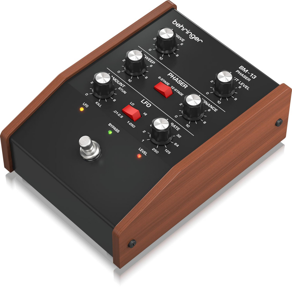 Behringer BM-13 Phaser Effects Pedal, compact guitar effects pedal with control knobs and input/output jacks visible.