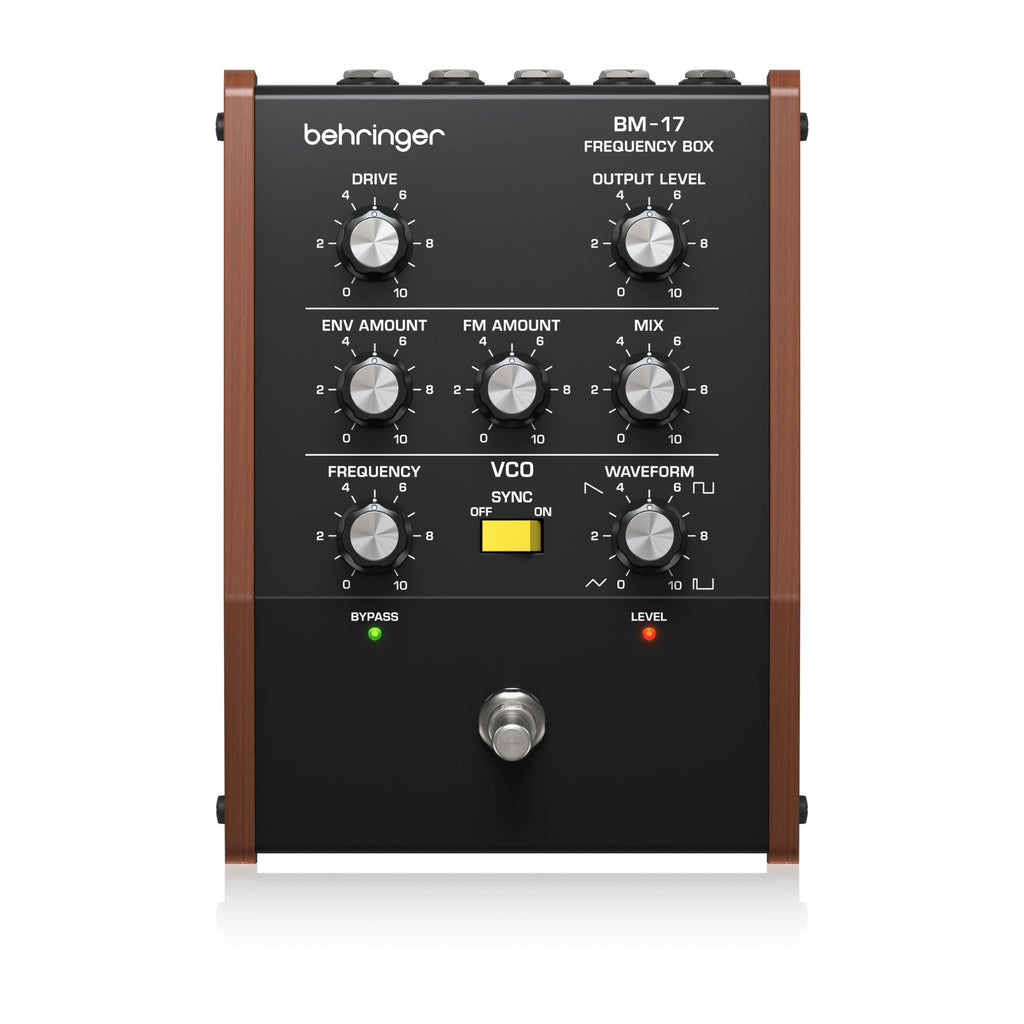Behringer BM-17 Frequency Box effects pedal for guitar, showing its compact design and control knobs.
