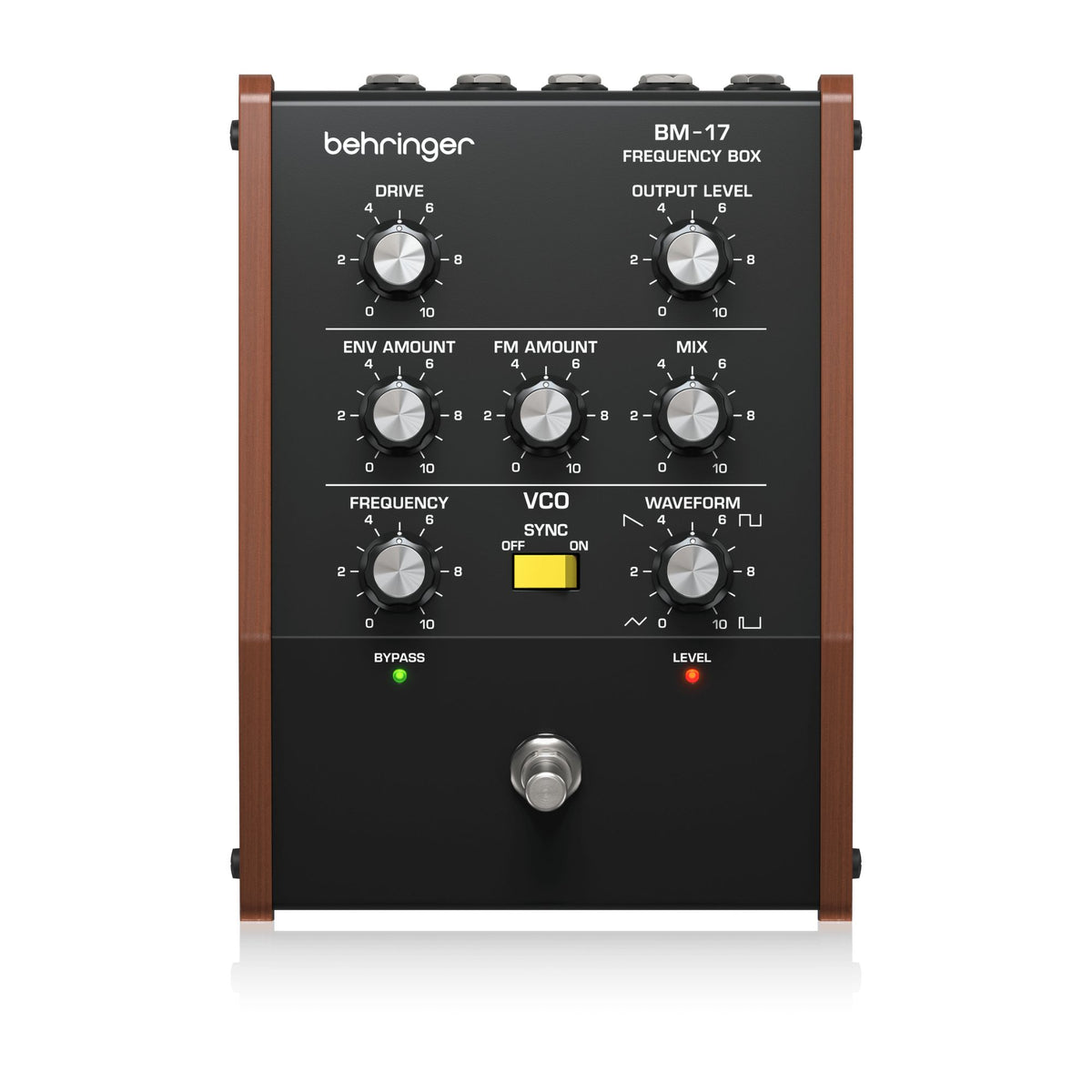 Behringer BM-17 Frequency Box effects pedal for guitar, showing its compact design and control knobs.