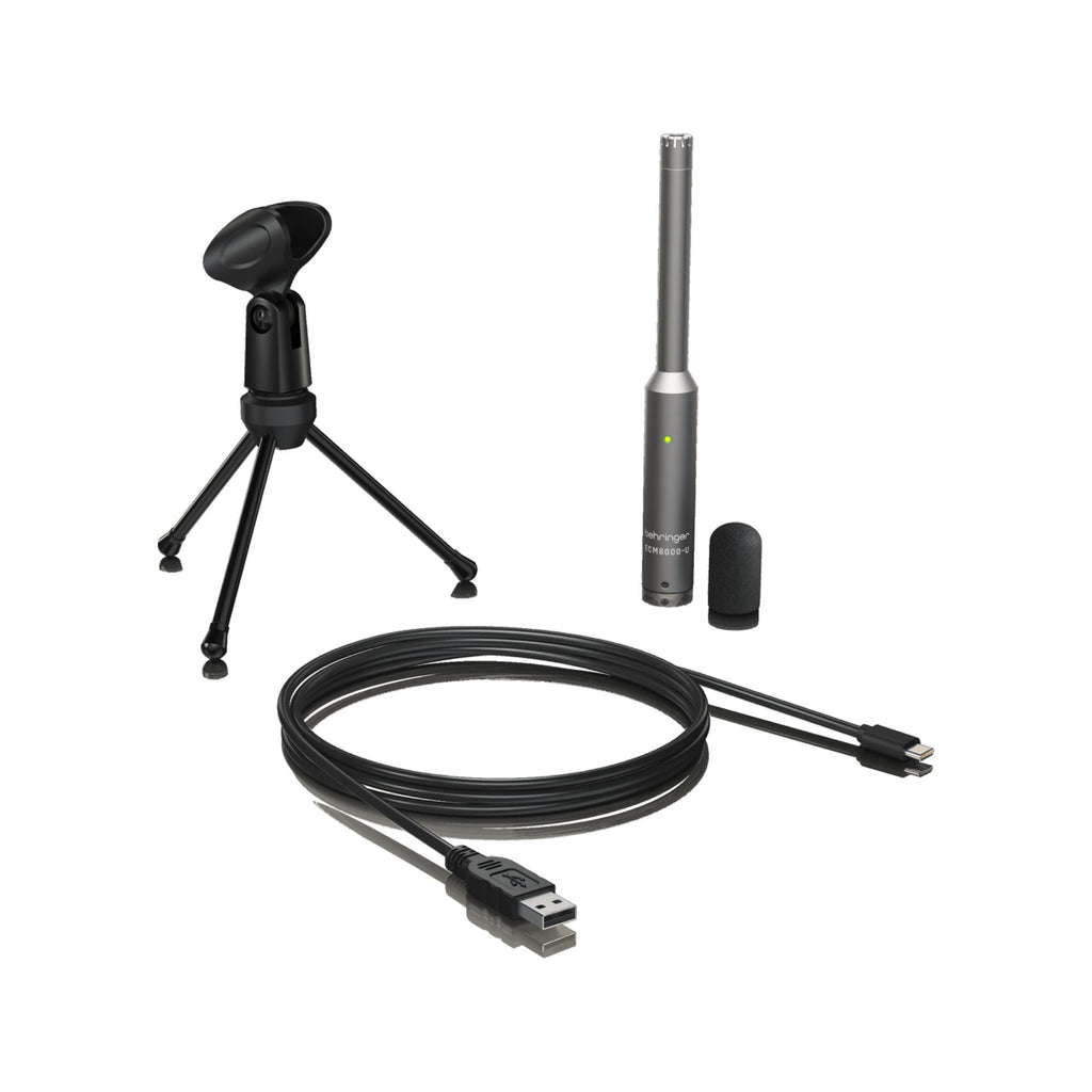 Behringer ECM8000-U calibrated measurement microphone with wired connection, used for audio analysis and sound measurement.