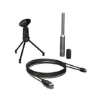 Behringer ECM8000-U calibrated measurement microphone with wired connection, used for audio analysis and sound measurement.