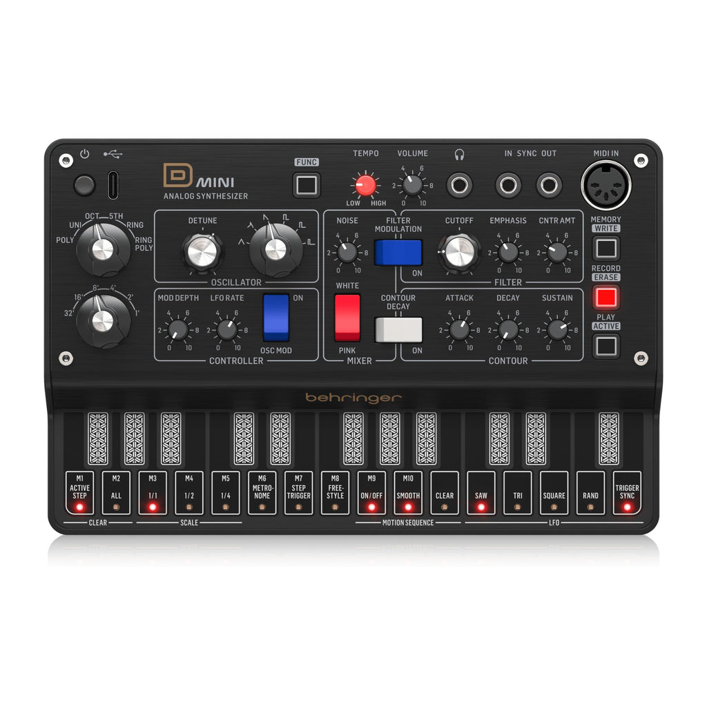 Behringer D Mini portable synthesizer keyboard with vintage-inspired design and compact form factor.