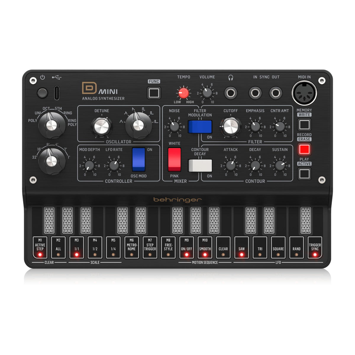 Behringer D Mini portable synthesizer keyboard with vintage-inspired design and compact form factor.