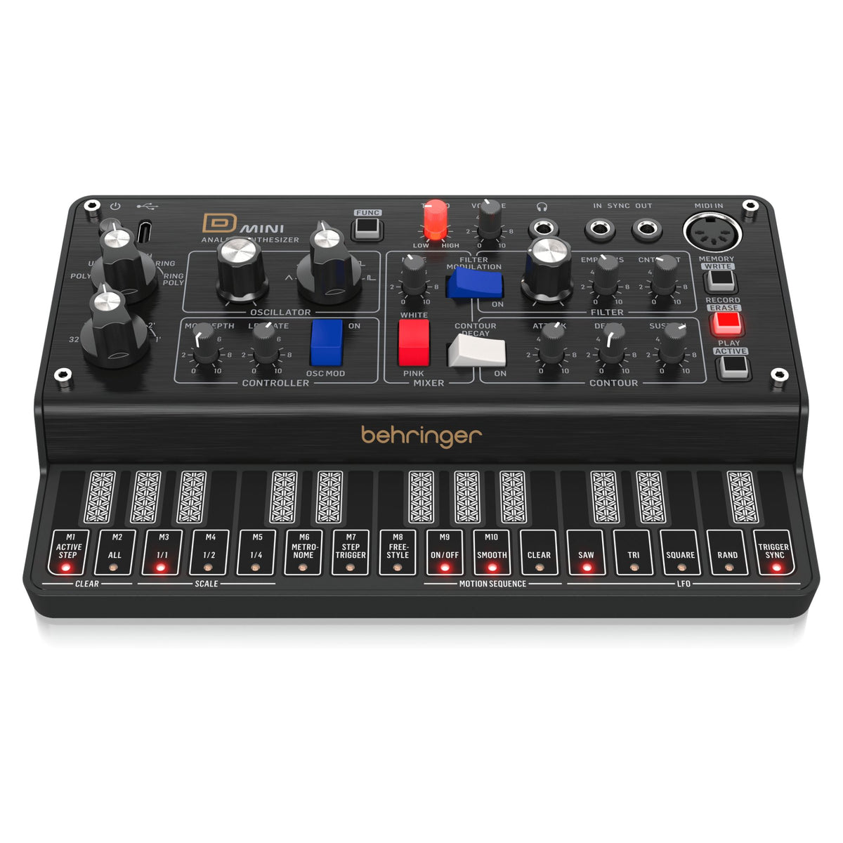 Behringer D Mini portable synthesizer keyboard with vintage-style keys and control knobs, designed for music production and performance.
