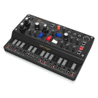 Behringer D Mini portable synthesizer keyboard with vintage-inspired design and control knobs on a black background.