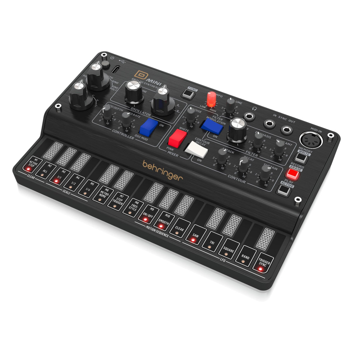 Behringer D Mini portable synthesizer keyboard with vintage-inspired design and control knobs on a black background.