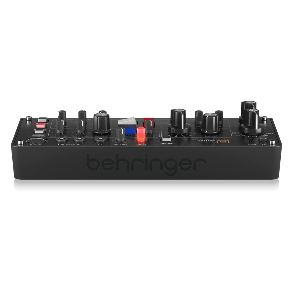 Behringer D Mini portable synthesizer keyboard with vintage-inspired design and control knobs, compact and ideal for music production.