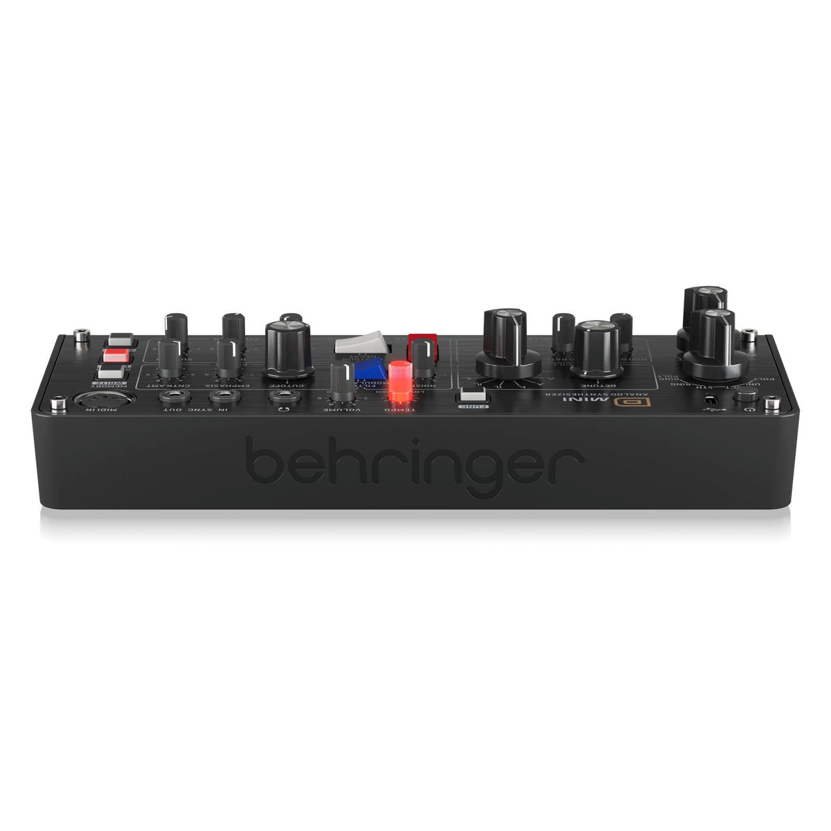Behringer D Mini portable synthesizer keyboard with vintage-inspired design and control knobs, compact and ideal for music production.