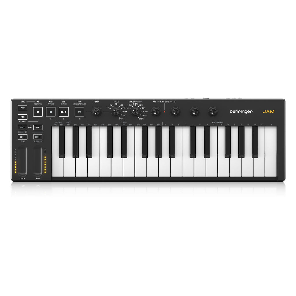 Behringer JAM MIDI controller keyboard with black keys and control knobs, designed for music production and live performance.