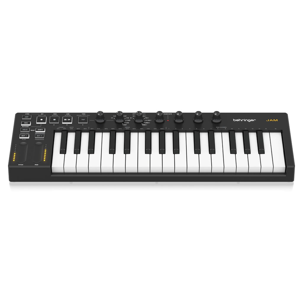Behringer JAM MIDI Controller Keyboard with knobs and keys, compact music production controller for MIDI input and control.